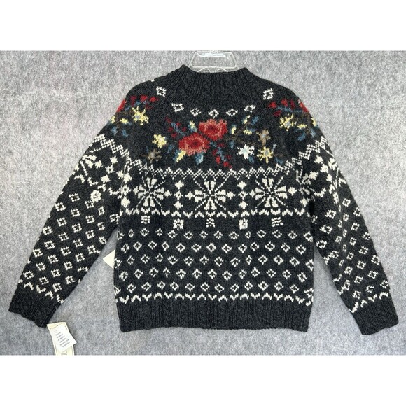 Nordic Traditional Hand Knit Shetland Wool Pullover Fair Isle Gray Rose Size M - Picture 4 of 9